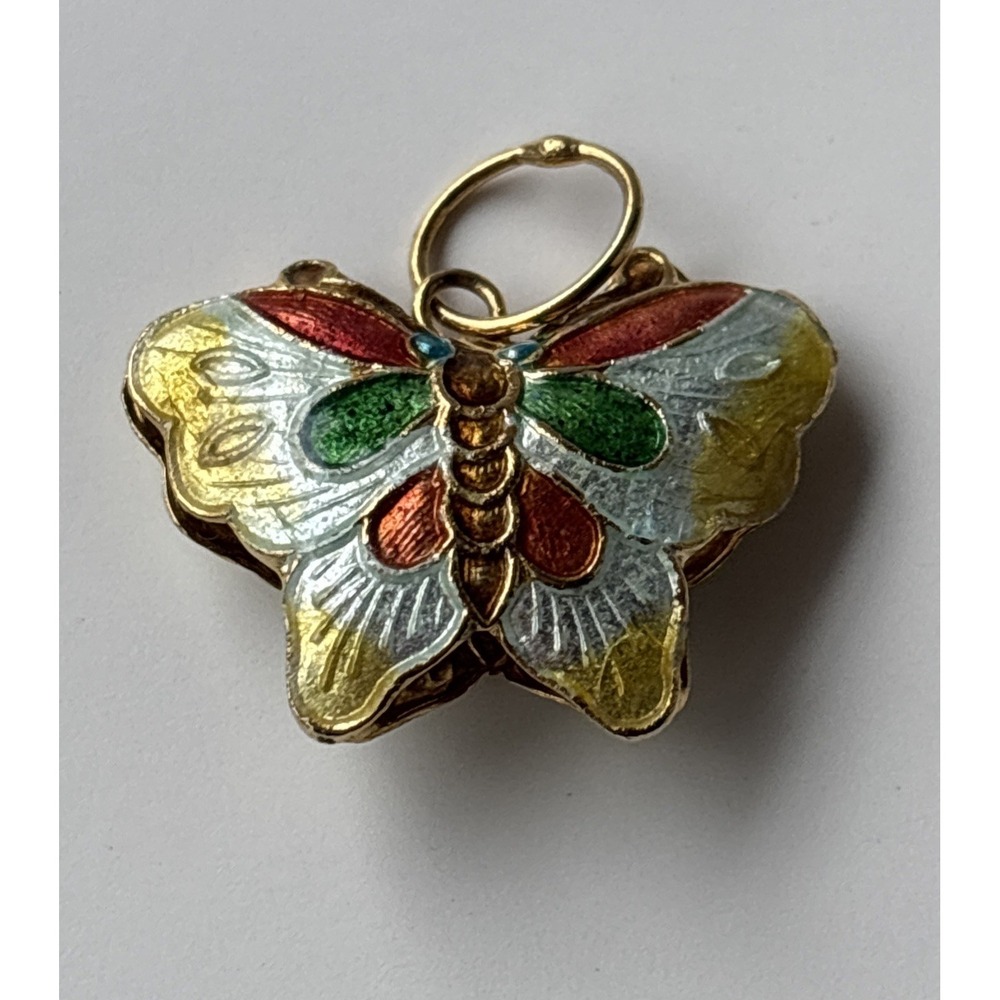 Vintage 1980's Cloisonné Enamel Butterfly Pendant Charm Puffy Gold Tone 1" Boho